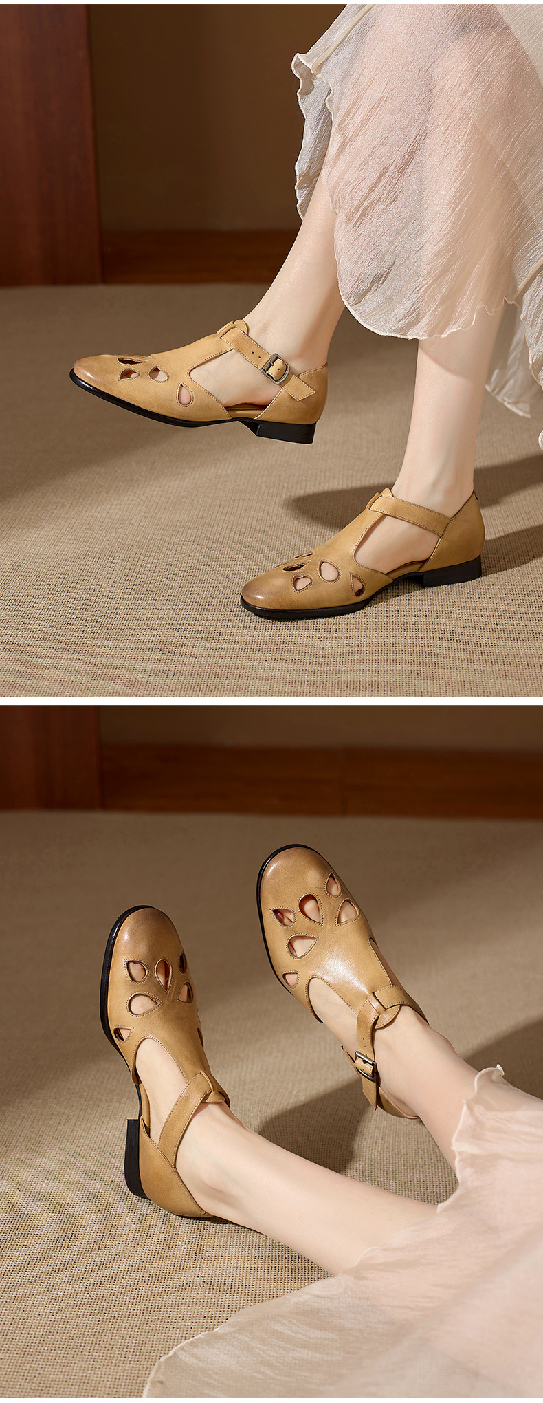Sandal nữ da bò đục lỗ quai chữ T cổ điển, mũi kín gót bệt — màu nâu chi tiết 11