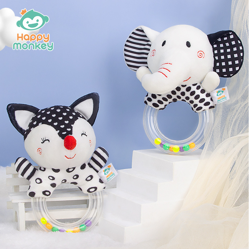 Sonajero de mano redondo blanco y negro para recién nacidos Happymonkey, juguete para bebés con cuentas coloridas, sonajero para bebés de 0 años, juguete para agarrar.