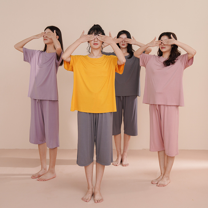 Modal Pajamas for Women, Summer Short-Sleeved Cropped Pants, Large Size, High-End, Thin Style, Summer Ladies' Home Wear with Chest Pads