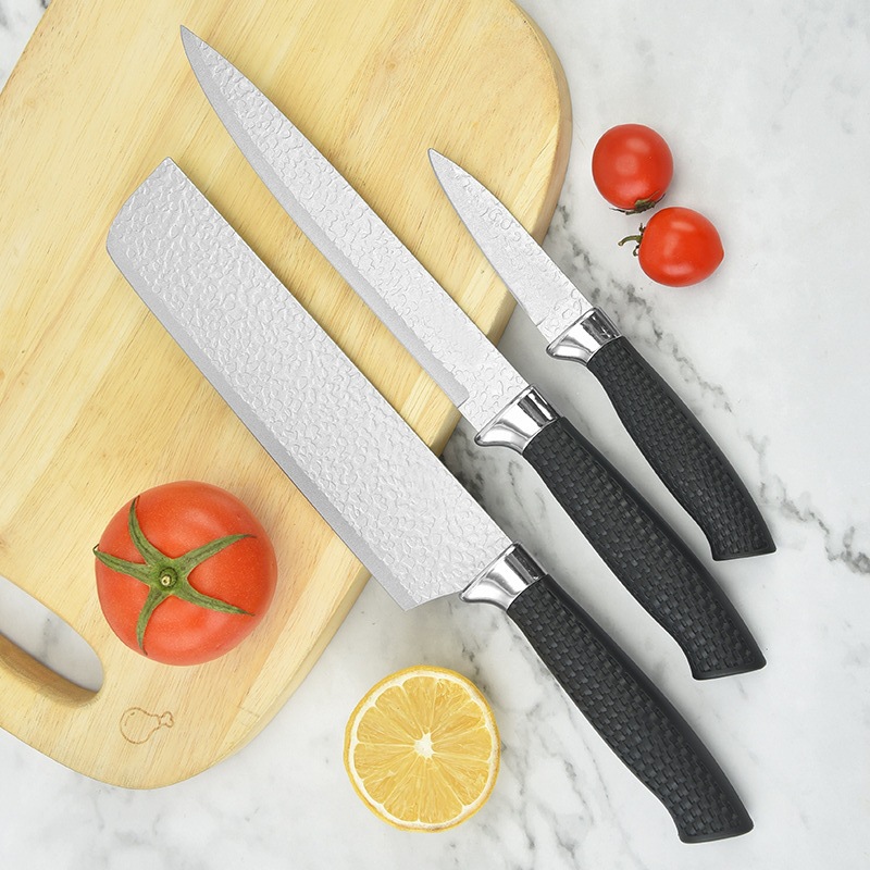 Juego de seis piezas con patrón de martillo al por mayor, mango de malla de acero inoxidable, cuchillo de cocina, cuchillo de chef, cuchillo de corte, juego de cuchillos cepillados