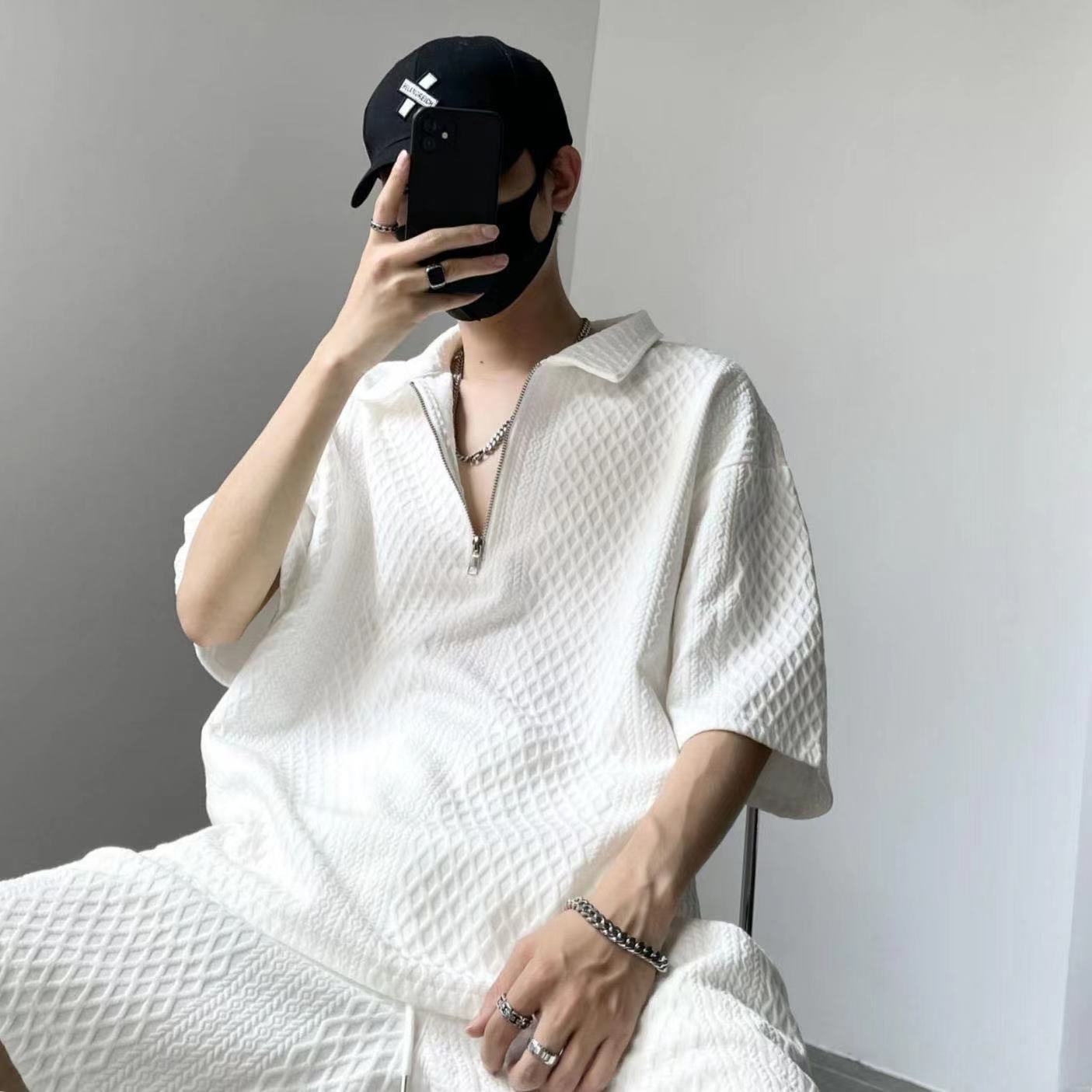 Summer Short-sleeved Shorts Casual Suit Loose Western-style Waffle Half-sleeved Lapel Texture Two-piece Set Men's Trendy in