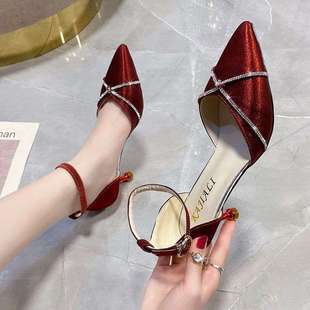 Red High Heels 2025 Summer New Korean Style Pointed Toe Stiletto Straps One-Line Strap Sandals with Skirt