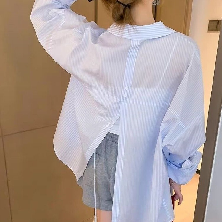 Sun Protection Clothing Striped Long-Sleeved Strappy Shirt Women's Spring and Summer New Loose Back Slit Strappy Outer Top Jacket