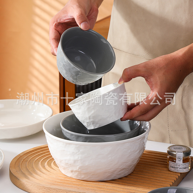 Cubertería de cerámica de piedra característica textura convexa avanzada gris brillante Ins viento simple plato de casa restaurante tazón image 5