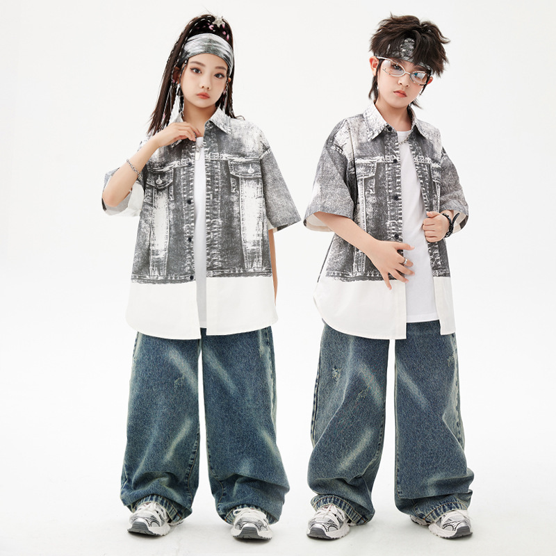 Street Dance Kidsren's Trendy Clothing, Boys' Hip-Hop Suits, Performance Clothing, Girls' Summer Color-Blocked Loose Shirts, Street Performance Clothing