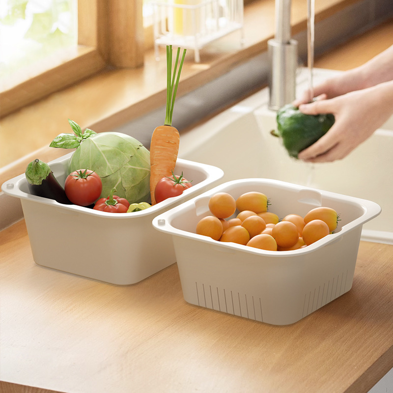 Double-Layer Plastic Hollow Drain Basket Vegetable Washing Basin Kitchen Household Fruit Tray Double Set Multi-Layer Water Filter Storage Fruit and Vegetable Basket