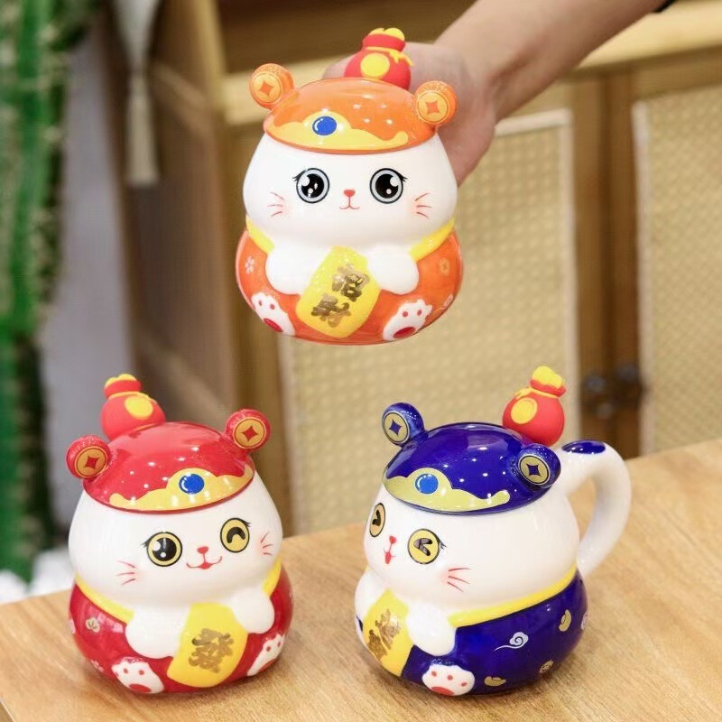 かわいい招き猫蓋付きマグカップ高颜値創意陶磁器カップお土産カップル家庭用オフィスカップ|undefined