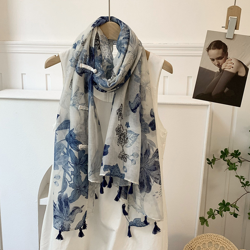 Verano de alta gama ropa exterior de mujer estilo étnico retro protector solar hebilla chal Yunnan Qinghai turismo bufanda de seda