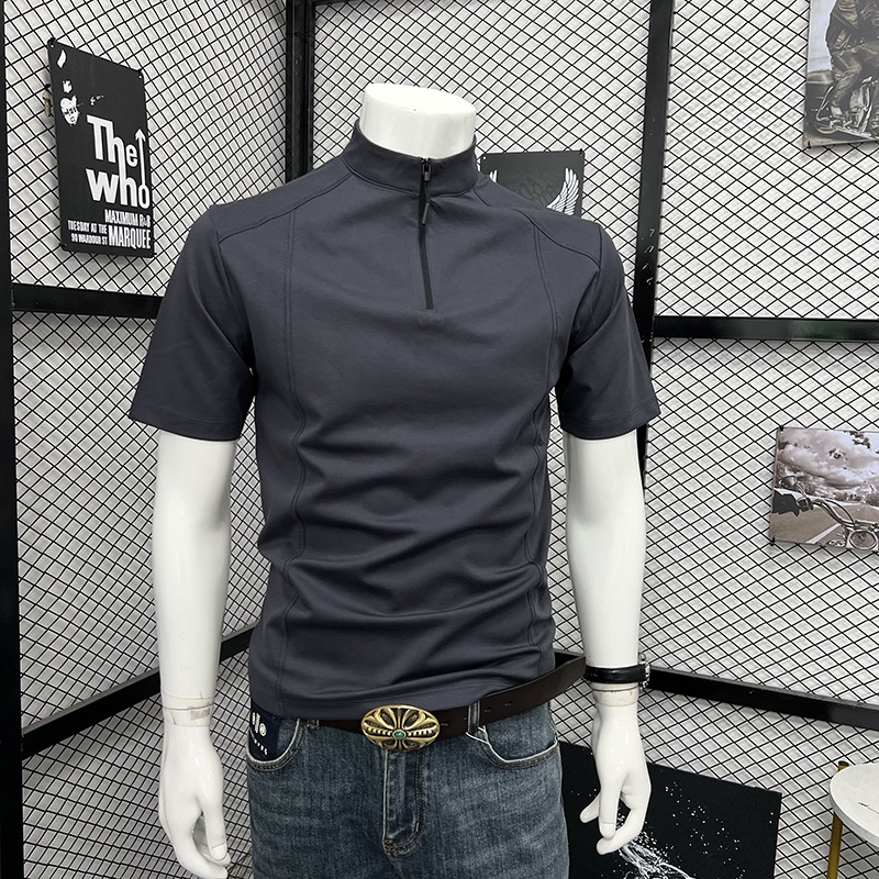 Men's Summer Sports T-Shirt Style High Neck Zipper Short Sleeve Fashionable Trendy Loose Top_viptrois.com