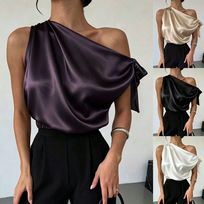 2026Ebay Aliexpress Wsih Hot-Selling Satin Asymmetrical Off-Shoulder Bow Blouse Shirt Clothing