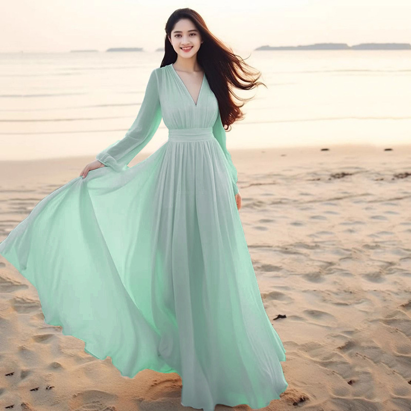 2025 New Beach Skirt White Chiffon Dress Spring and Summer Sanya Seaside Vacation Elegant Long Skirt