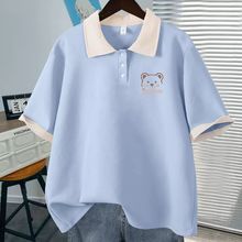 女童T恤2024夏季新款中大童韩版时尚宽松学院风小熊Polo领上衣潮