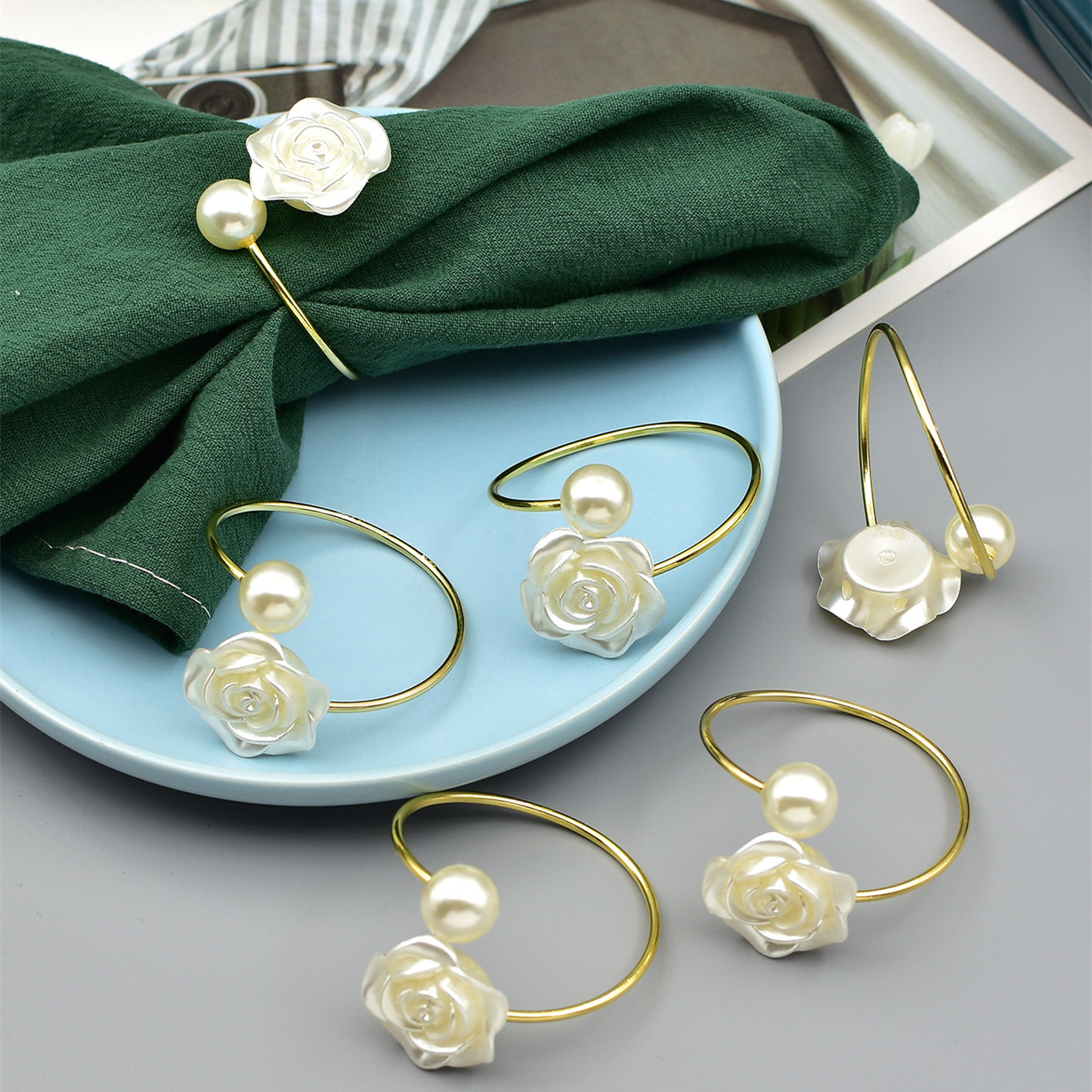 Home Hotel Table Decorations Wholesale and Retail Boutique Pearl Rose Napkin Rings Holiday Napkin Buckles