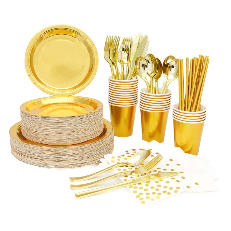 Amazon Placa de papel dorado color sólido papel vajilla traje plato desechable 7-pulgadas taza de papel de 9 pulgadas conjunto de 25 piezas