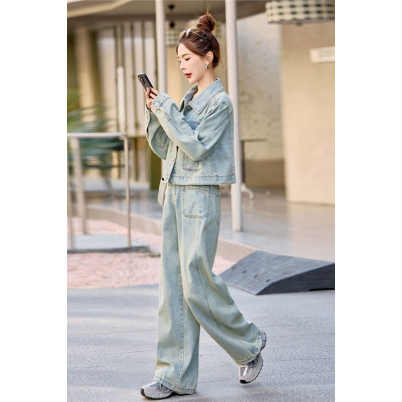韩系牛仔套装女2025新款洋气时尚休闲百搭外套阔腿裤高级感两件套|undefined