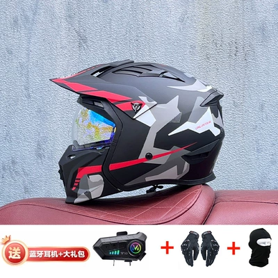 Retro Removable 3C Combination Helmet, Motorcycle Safety Supplies - black-and-red-with-magic-blue-y10-external-bluetooth-m