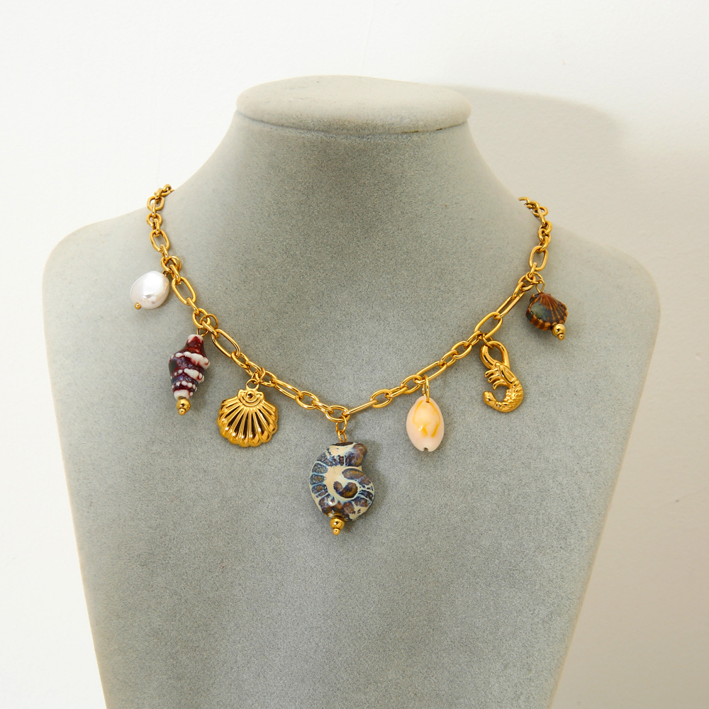 PVD Coated Gold Plating Process Lobster Trigger Clasp Closure Clasp Closure Type Wholesale Jewelry Vintage Style Marine Style Scallop Conch Hippocampus 304 Stainless Steel Plating Cable Chain Multi Charms Necklace