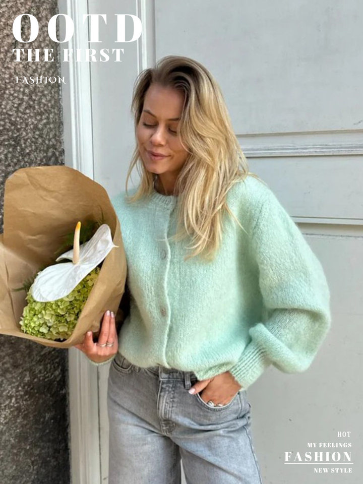 Áo cardigan len dệt kim dáng mỏng nhẹ cài nút một hàng, tay dài cổ tròn nữ — hoa hồng đỏ, màu be, màu cam, màu hoa cà chi tiết 1