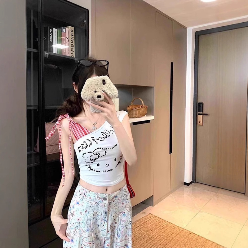 5118# Summer New Cartoon Kt Cat Print Patchwork Plaid Lace-up Slim-fit One-piece Slimming with Chest Pad