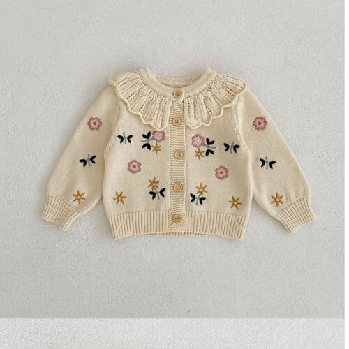 Spring versatile girls' children floral embroidered lotus leaf collar knit long-sleeved open jacket children's clothing
