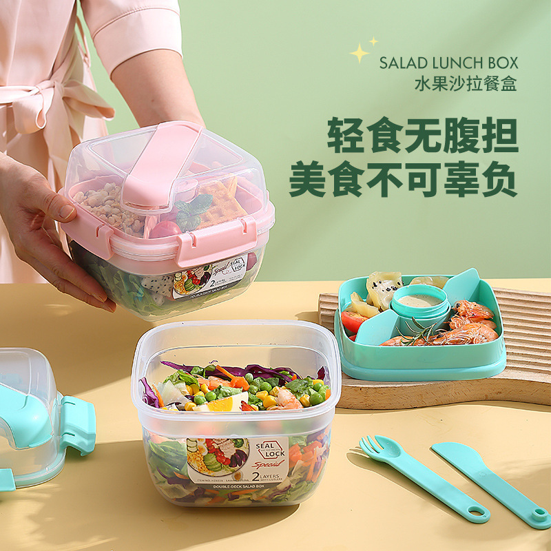 Picnic Box Ins Double-Layer Fruit Salad Box Lunch Box Sealed Fresh-Keeping Box Tableware Large Capacity Picnic Essential