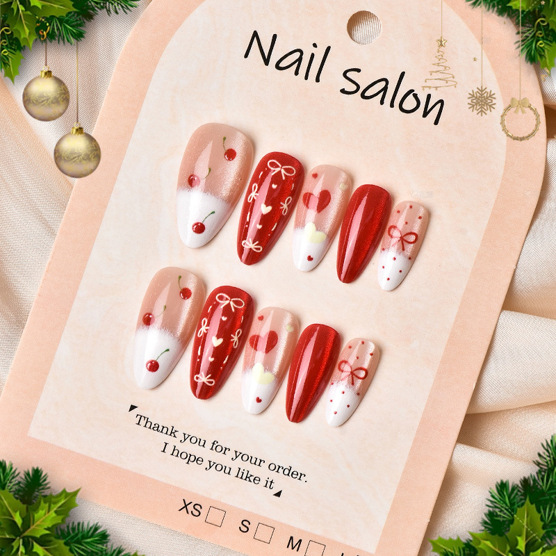 Cross-Border New Hot-Selling Christmas Almond-Shaped Press-On Nails French Bow Heart Painted Fake Nails Pre-Made 24 Pieces
