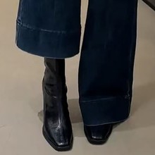 黑色高跟短靴女秋冬新款法式复古方头瘦瘦靴百搭粗跟马丁靴女单靴