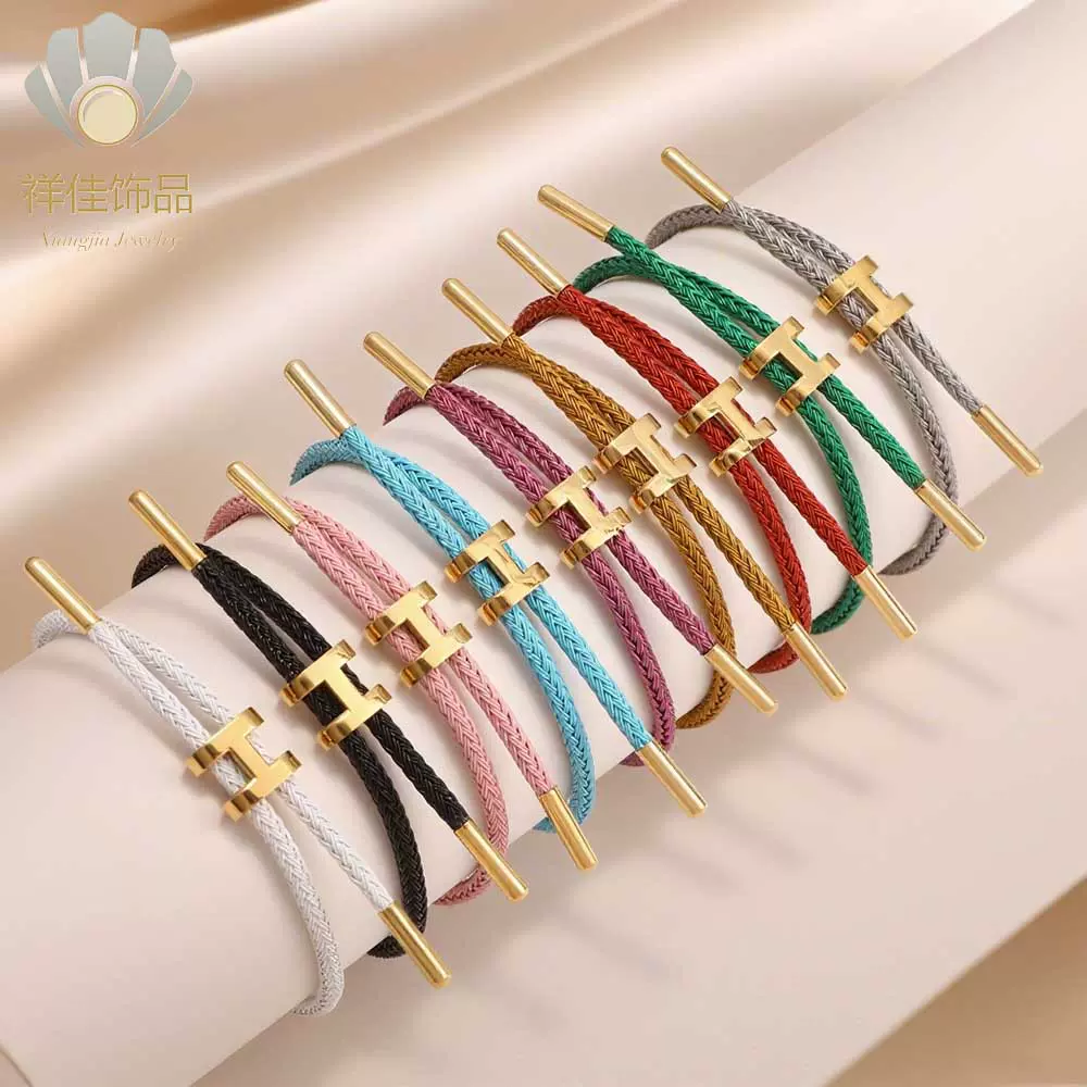 跨境新款工字扣钢丝绳手镯不锈钢3D硬金配手绳可调节防水防汗手链