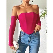 不规则露脐性感裹胸一字领网纱上衣辣妹修身露背鱼骨长袖T恤28426