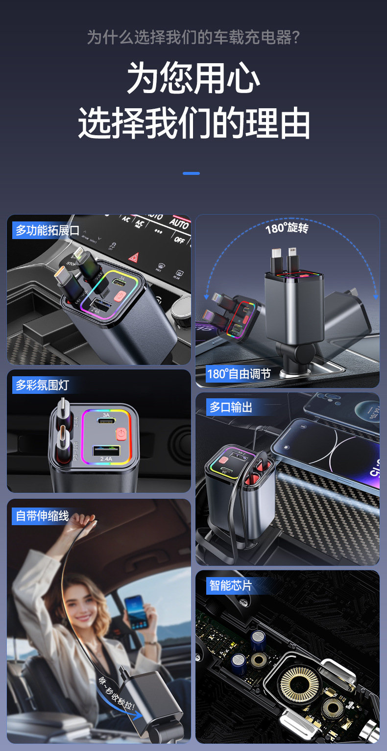 Colorful Atmosphere Star Light Retractable Four-in-One Car Charger PD30W