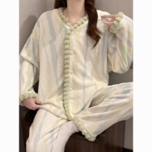 新中式珊瑚绒睡衣女士加绒加厚秋冬款甜美公主宽松外穿家居服套装