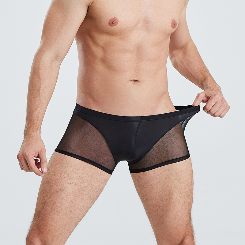 薄款男士內褲日系網紗半透明高彈低腰性感 U凸透氣平角褲批發