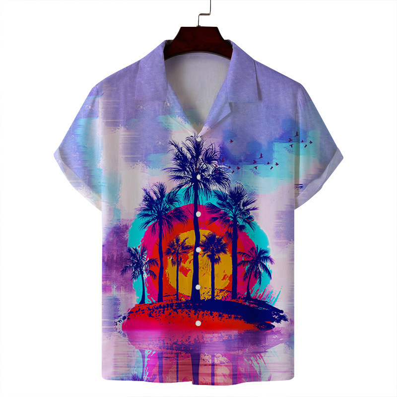 2024 verano hombre delgado casual cuello cubano moda cara hawaiana elástica camisa de manga corta con estampado digital 3D