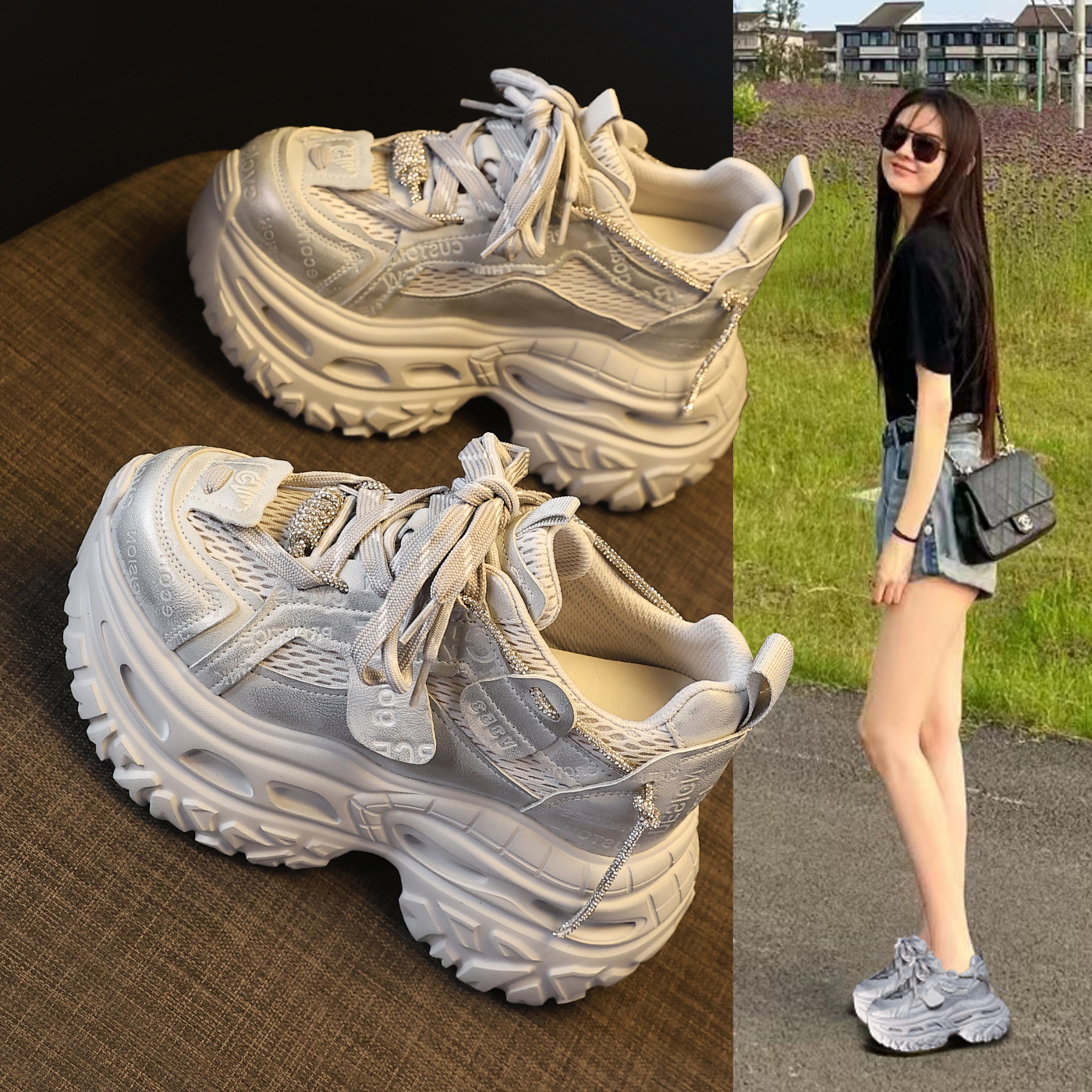 Giày sneaker nữ đế dày tăng chiều cao 9 cm phong cách dad sneaker — Tro thô