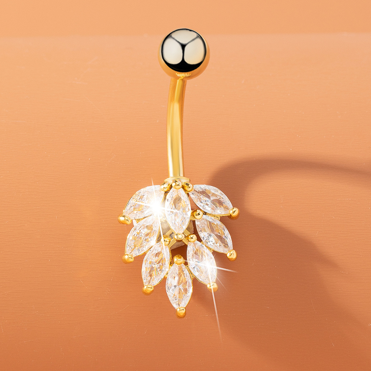 Stainless Steel Navel Ring With Zirconia Leaf Design For Women_voghion.com