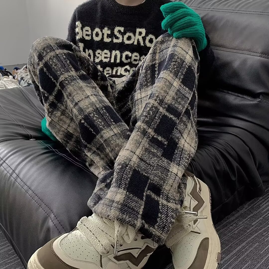 Heavy Wool Plaid Pants Men Thickened Casual Pants 2024 New Loose Straight Pants Autumn Winter Retro Drape Wide-Leg