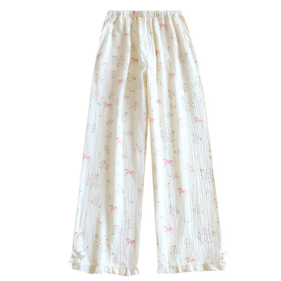 Pajama Pants Women's Washed Cotton Spring and Summer Thin Sweet Floral Loose Outer Wear Lace-Trimmed Household Pants with Side Pockets