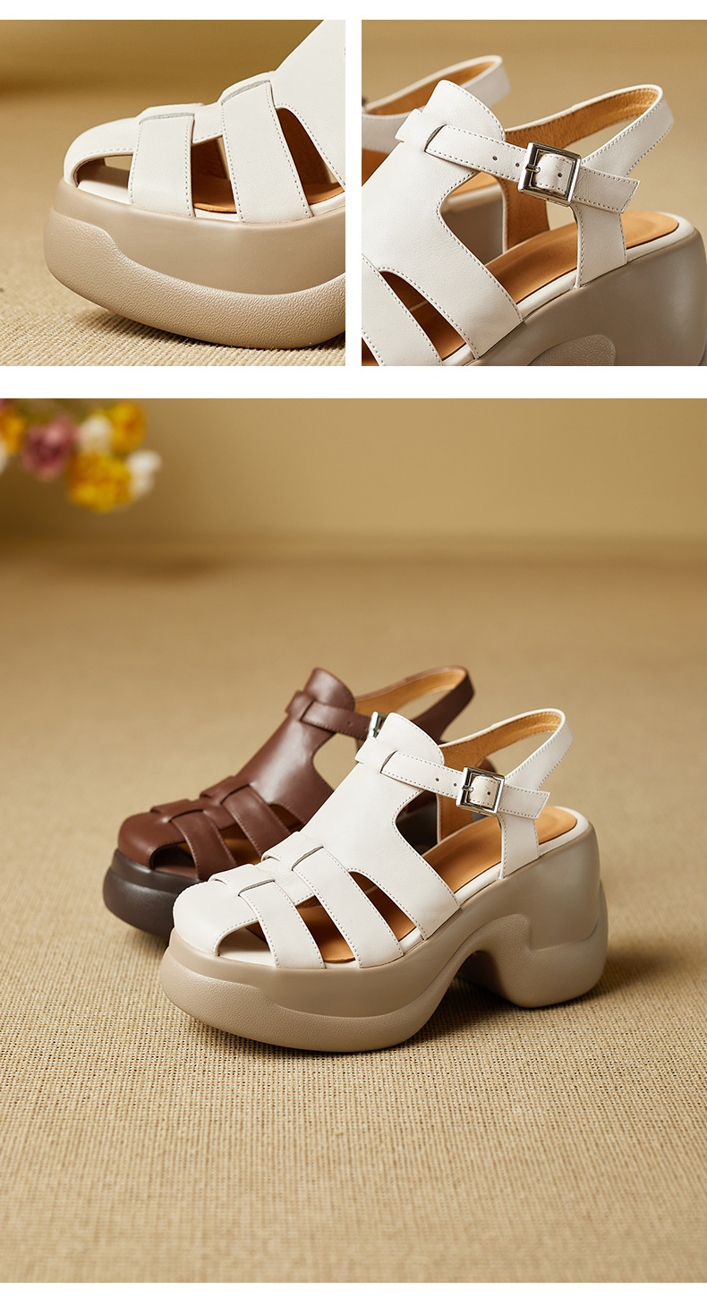 Sandal cao gót nữ mũi bao đế platform 9 cm quai chữ T kiểu La Mã — nâu sẫm chi tiết 10