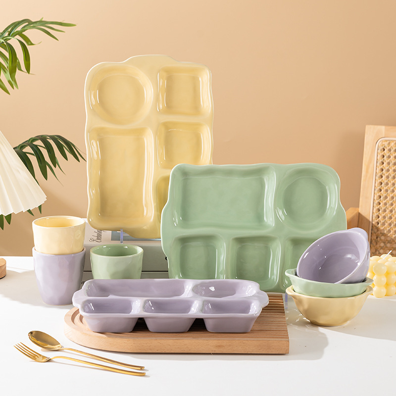 Japanese-style macaron underglaze double-ear grid plate double-ear rice bowl tea cup simple household ceramic tableware suit