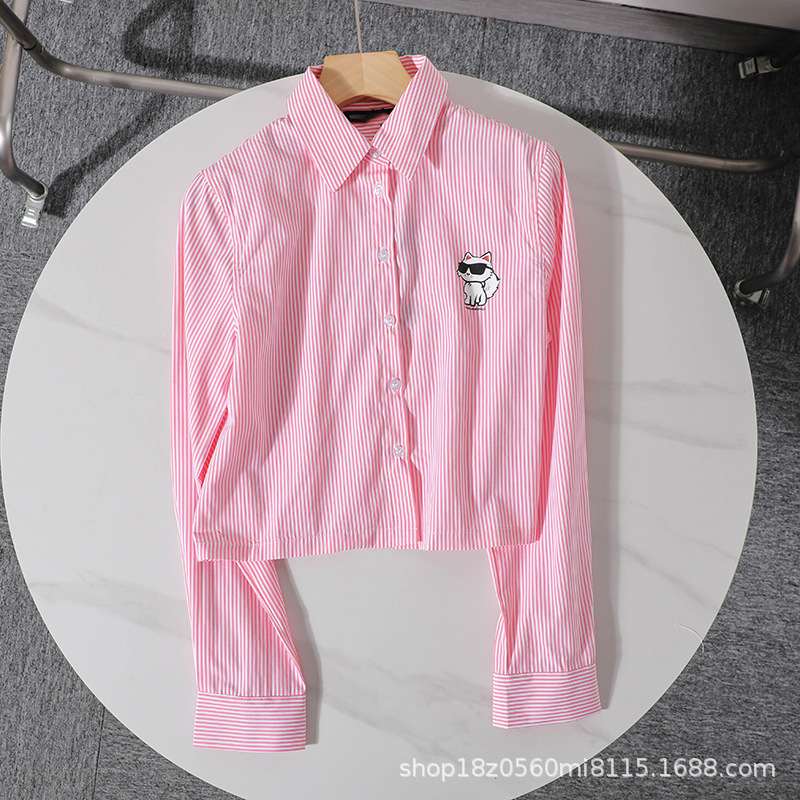 American K'Er~Women's Cotton Offset Cartoon Cat Casual Short Long-Sleeved Stripesd Shirt 2168