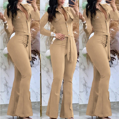 2025 Cross-border International Trade Autumn and Winter Long Sleeve Collar Middle Waist Quality Commute One-piece Pants