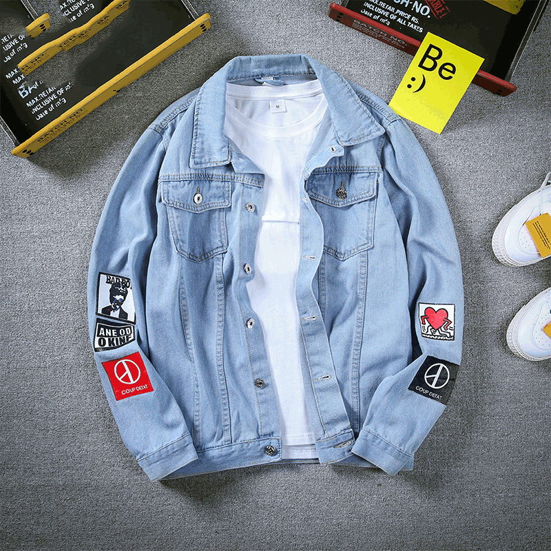 Cross-border Denim jacket men's new printed black coat autumn fat plus size loose trendy Denim coat Cross-border Denim jacket men's new printed black coat autumn fat plus size loose trendy Denim coat