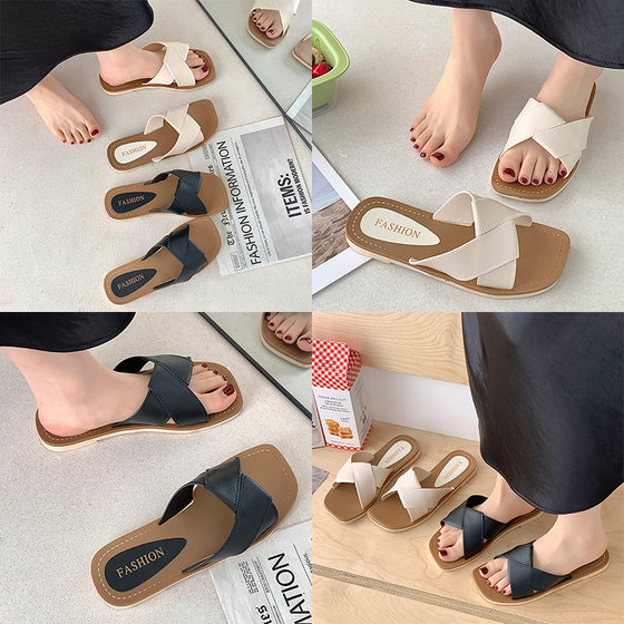 Slippers Women's Summer Internet Popular Cross-border Foreign Trade New Style Slippers for Outer Wear Fashionable All-match One-word Slippers Flat Beach Sandals
