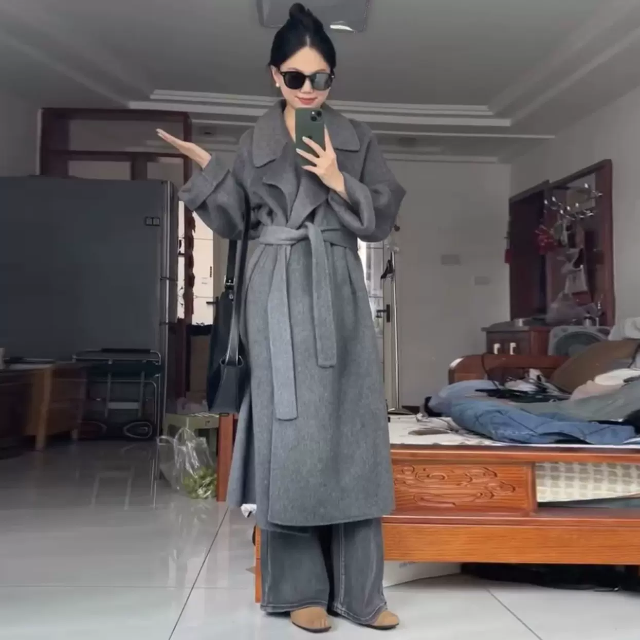 加长款西西里慵懒大衣加厚秋冬新款羊绒大衣系带显瘦毛呢外套女