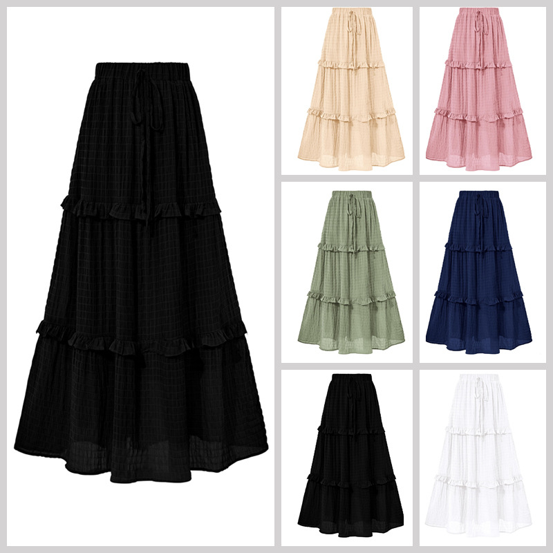 欧美气质通勤A字百褶裙2024夏新款大码女装宽松显瘦收腰半身长裙