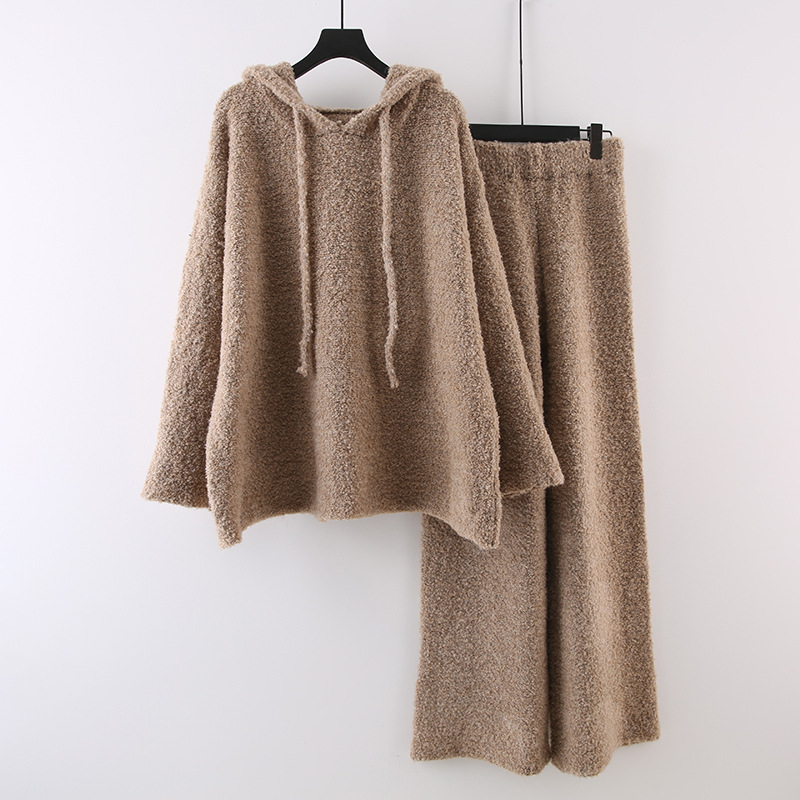 Naisterõivad laisk väike kootud ülikond naistele sügis ja talv Maillard kannab moodne kampsun laia säärega püksid kaheosaline ülikond_voghion.com