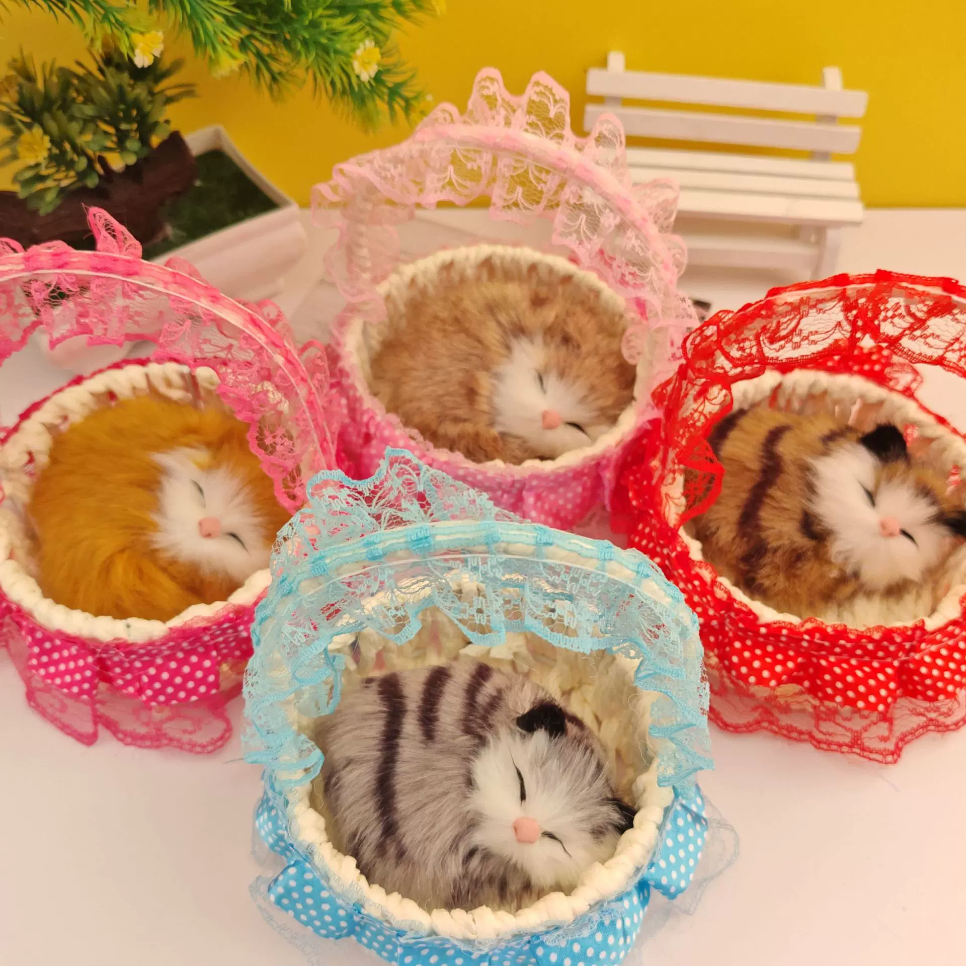 景区摆摊热卖玩具会叫仿真睡猫蕾丝花边篮子儿童猫咪玩偶摆件礼品