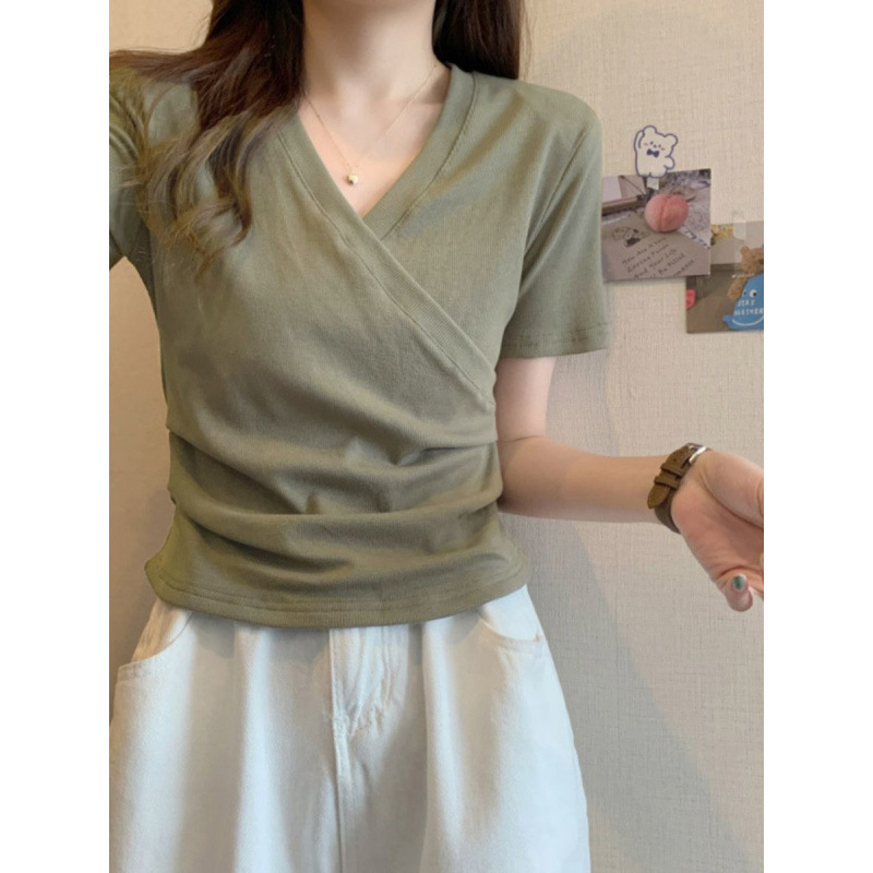 Vネックショルダー半袖Tシャツレディースコットン夏新作ニッチ気質スリムフィットショート甘辛クロストップ|undefined