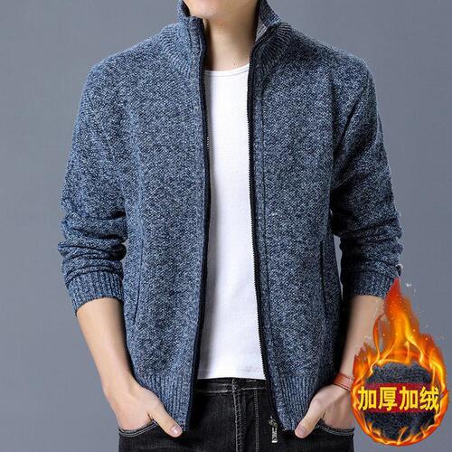 Outdoor Winter Men's Sweater Coat, Thickened Fleece-Lined, Loose-Fitting Knitwear, Men's Casual Zip-Up Knitted Top