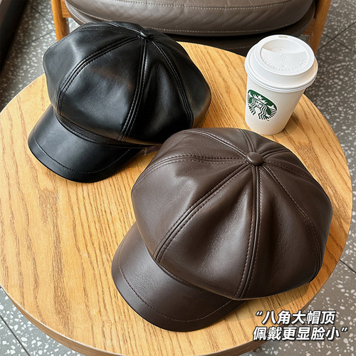 Delicate PU leather octagonal hat for girls, large hat with a small face, small newsboy hat, retro British style painter hat for men